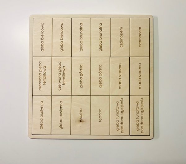 Rodzaje gleby- memo edukacyjne Plansza 290mm x 290 mm z tabliczkami